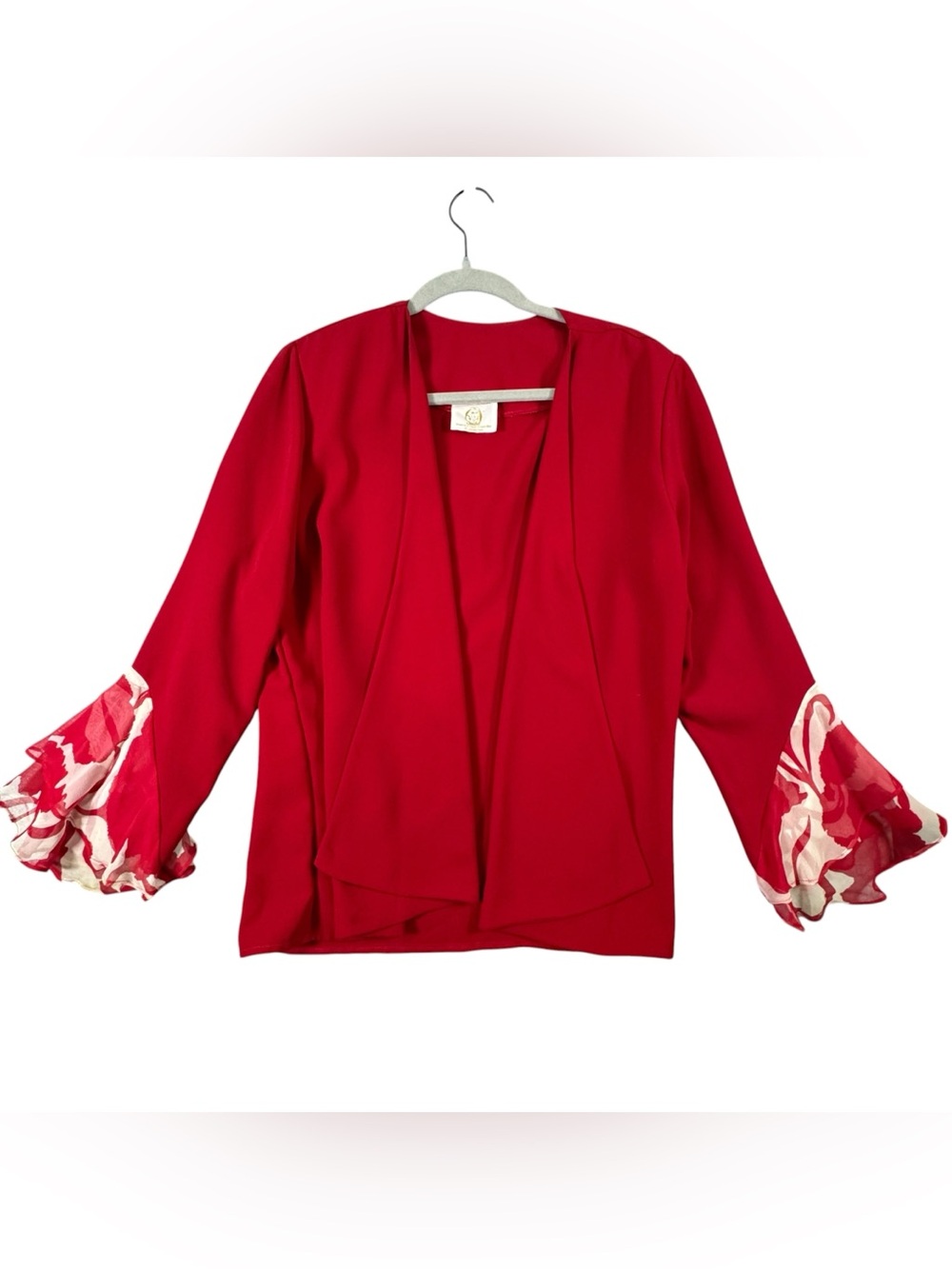 Vintage Red Silk Women's Blazer with Ruffle Cuffs